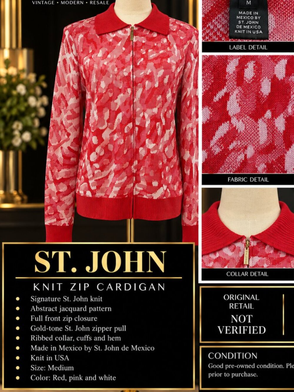 St. John Red Pink Abstract Jacquard Knit Zip Cardigan – Size M